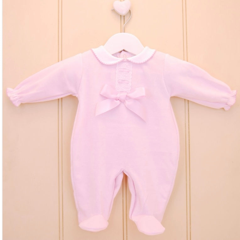 Velour bow sleepsuit in pink