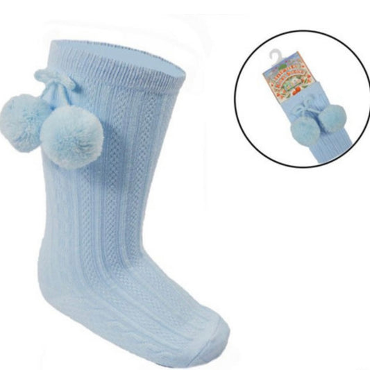 Blue knee high Pom Pom socks